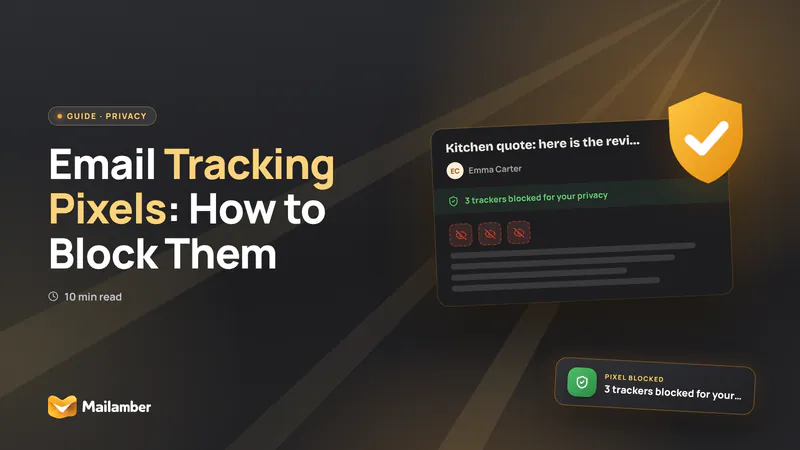 An email privacy scene showing remote images blocked and a reader checking links before loading content