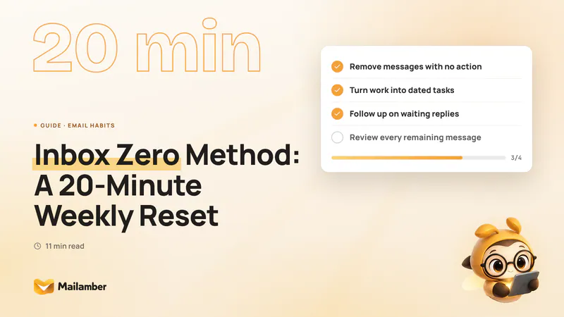 Checklist for a calm weekly inbox zero method with actions to delete, schedule, follow up and review email
