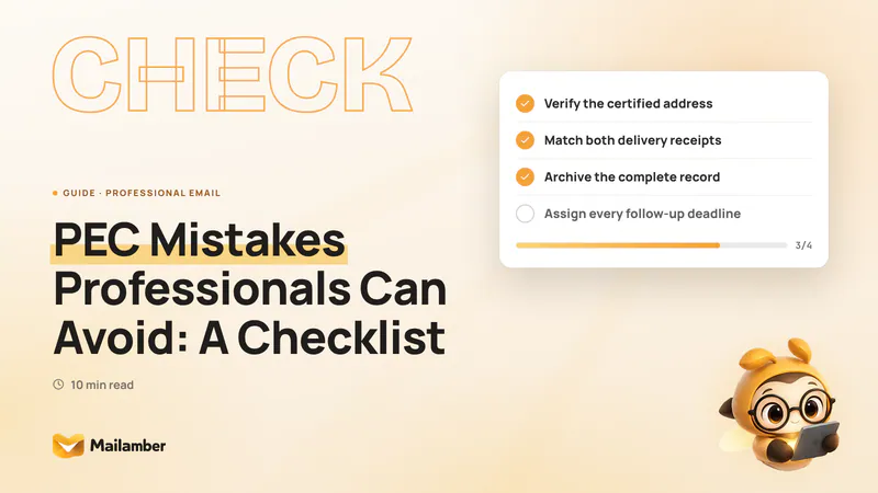 Checklist beside a professional email workflow showing PEC address checks, receipts, archiving and follow-up tasks