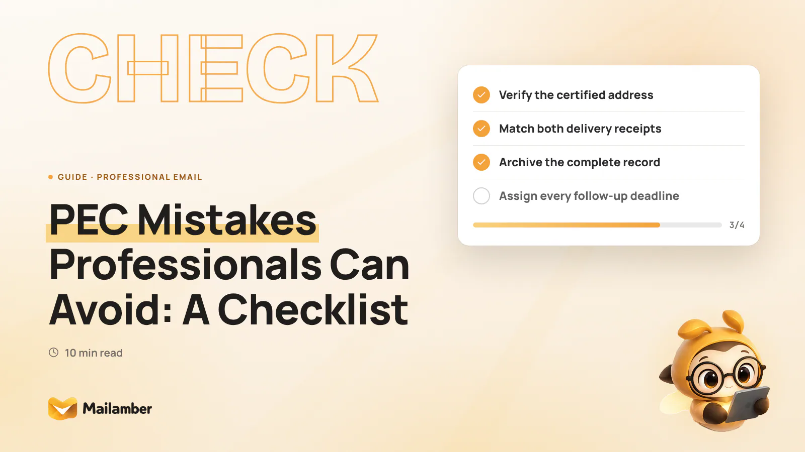 Checklist beside a professional email workflow showing PEC address checks, receipts, archiving and follow-up tasks