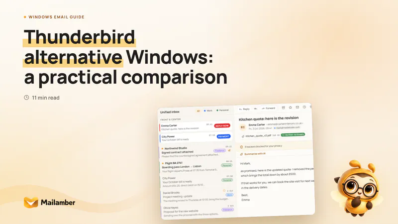 Illustrated comparison of two email client workflows on a Windows laptop and Android phone