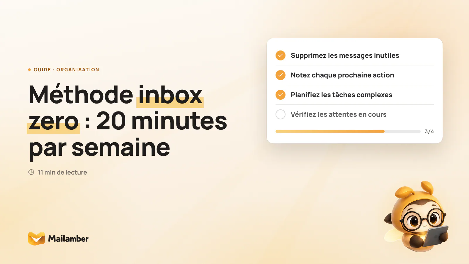 Checklist posée près d’une boîte mail organisée, illustrant une routine inbox zero simple et hebdomadaire