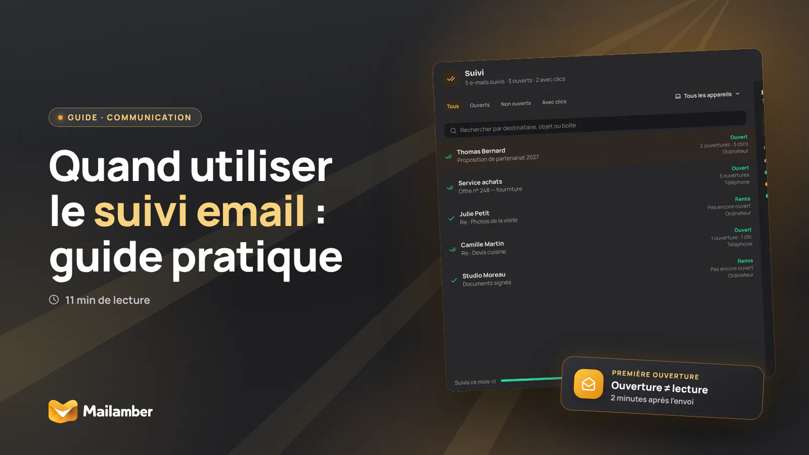 Illustration d’un tableau de suivi email avec des indicateurs d’ouverture et une décision de relance