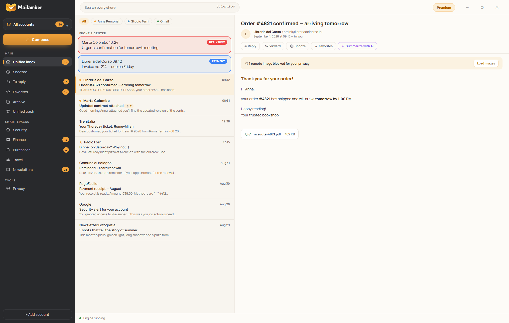 Die Oberfläche von Mailamber mit vereintem Posteingang und Nachrichtenansicht