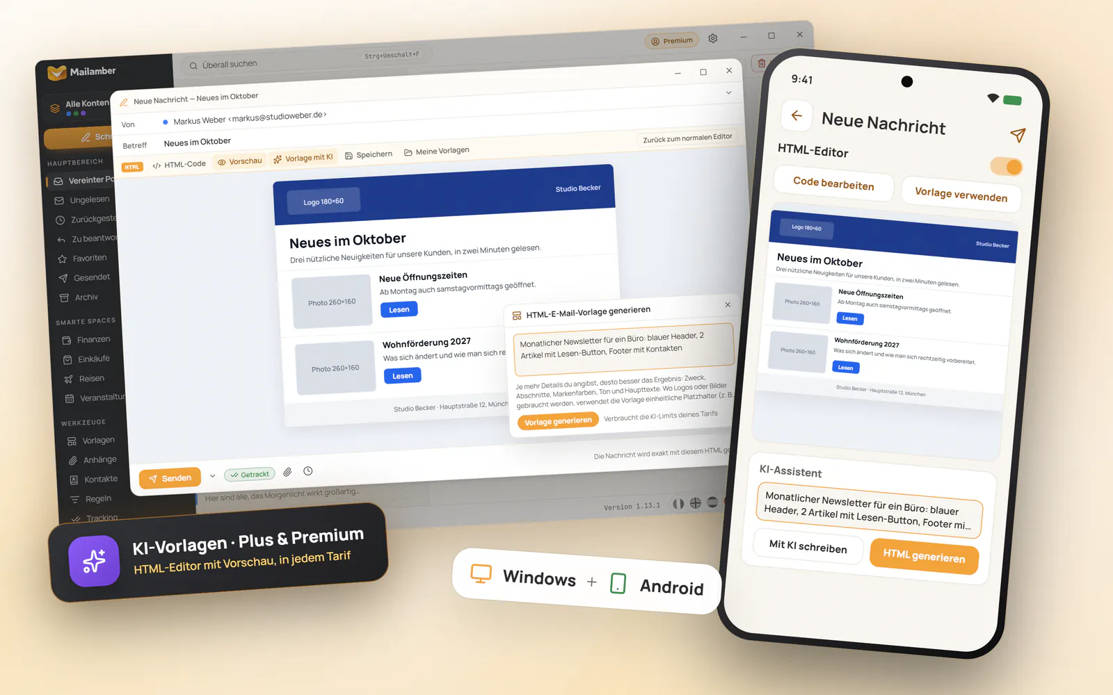 Mailamber-Editor im HTML-Modus unter Windows und Android, mit Newsletter-Vorschau und dem KI-Generator für E-Mail-Vorlagen
