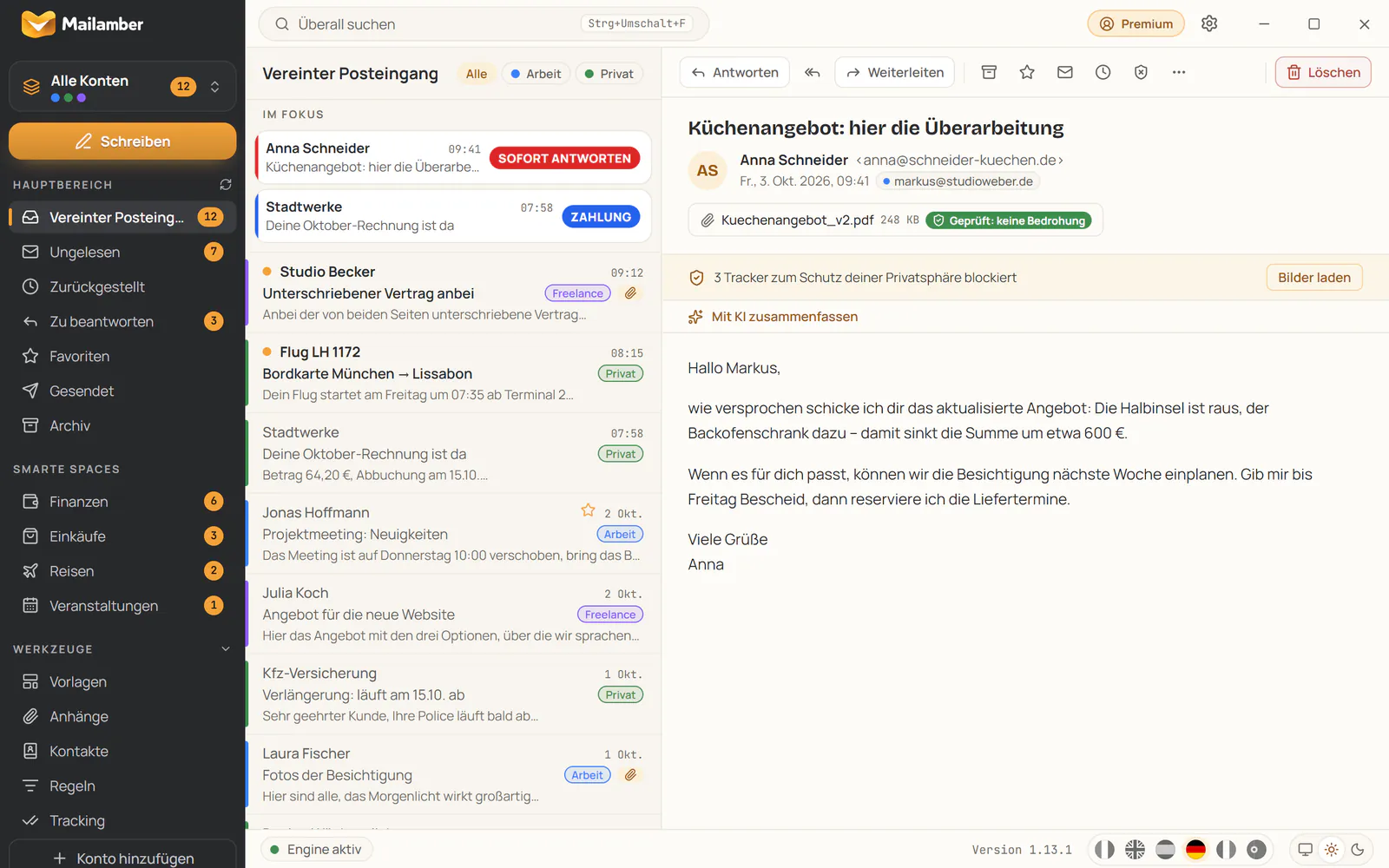 Mailamber für Windows: Seitenleiste, vereinter Posteingang mit Prioritätsbereich und Leseansicht