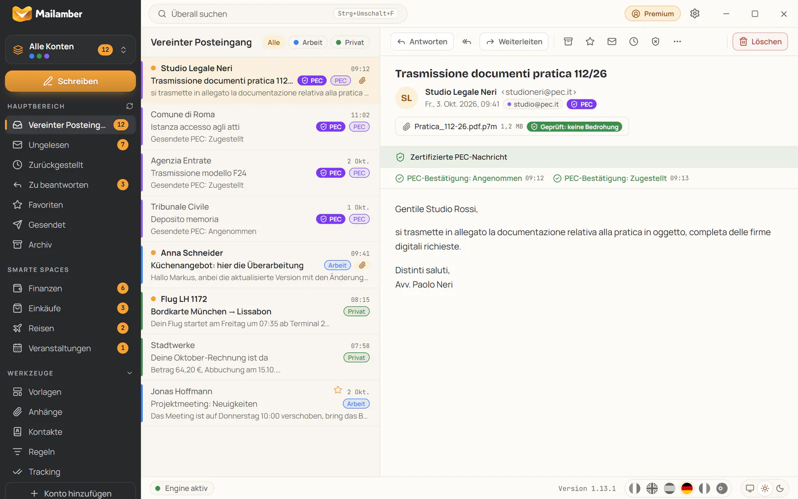 Eine zertifizierte PEC-Nachricht mit Annahme- und Zustellbestätigung in Mailamber
