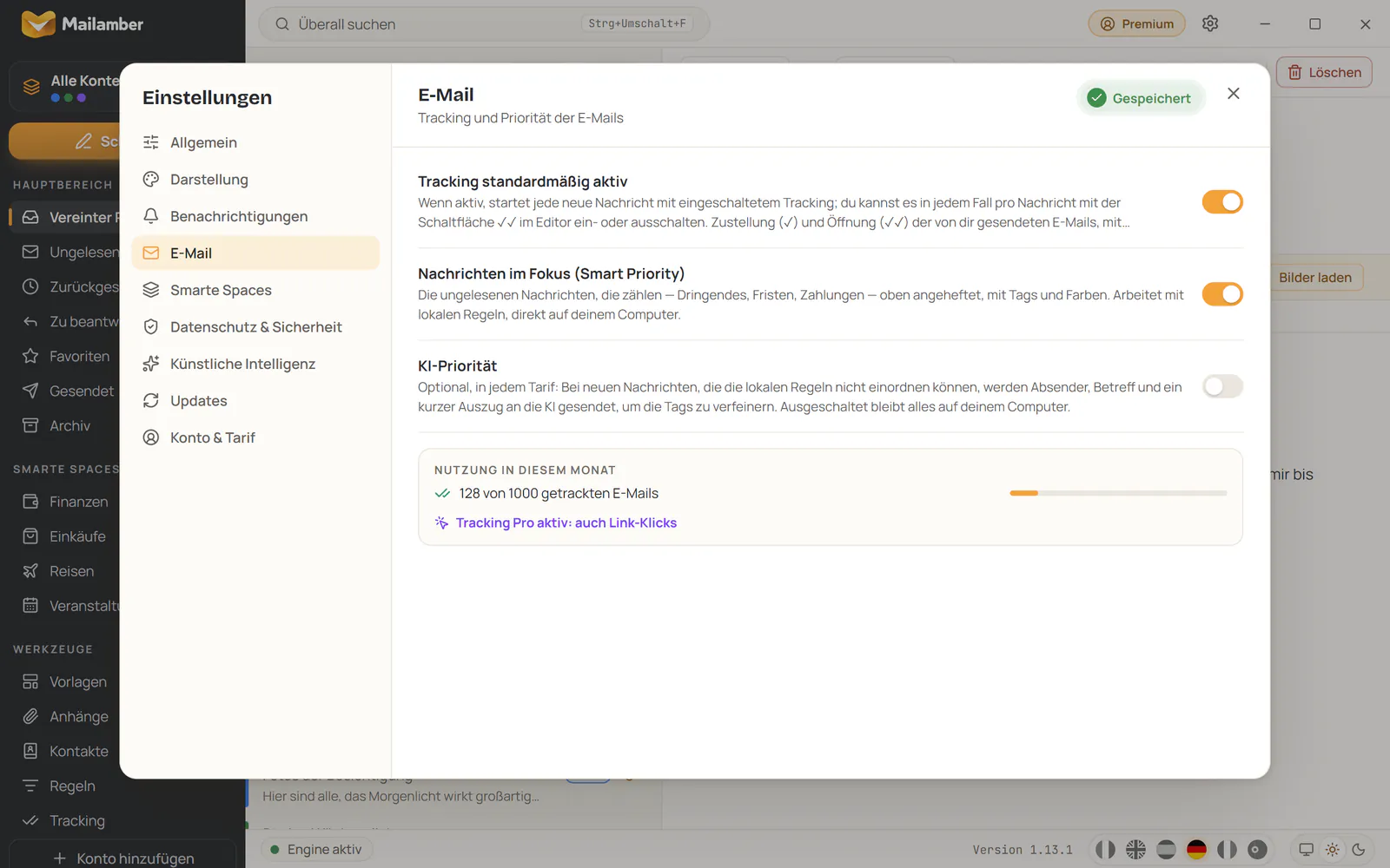 Die Einstellungen von Mailamber, Bereich E-Mail, mit Bestätigung Gespeichert und Tracking-Nutzung