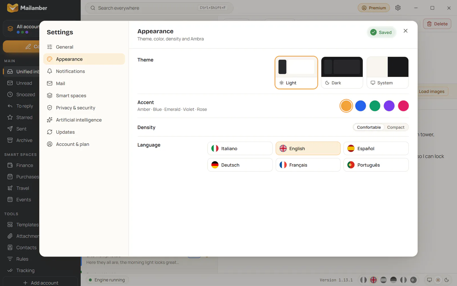 Mailamber Appearance settings with themes, accent colors and language selection