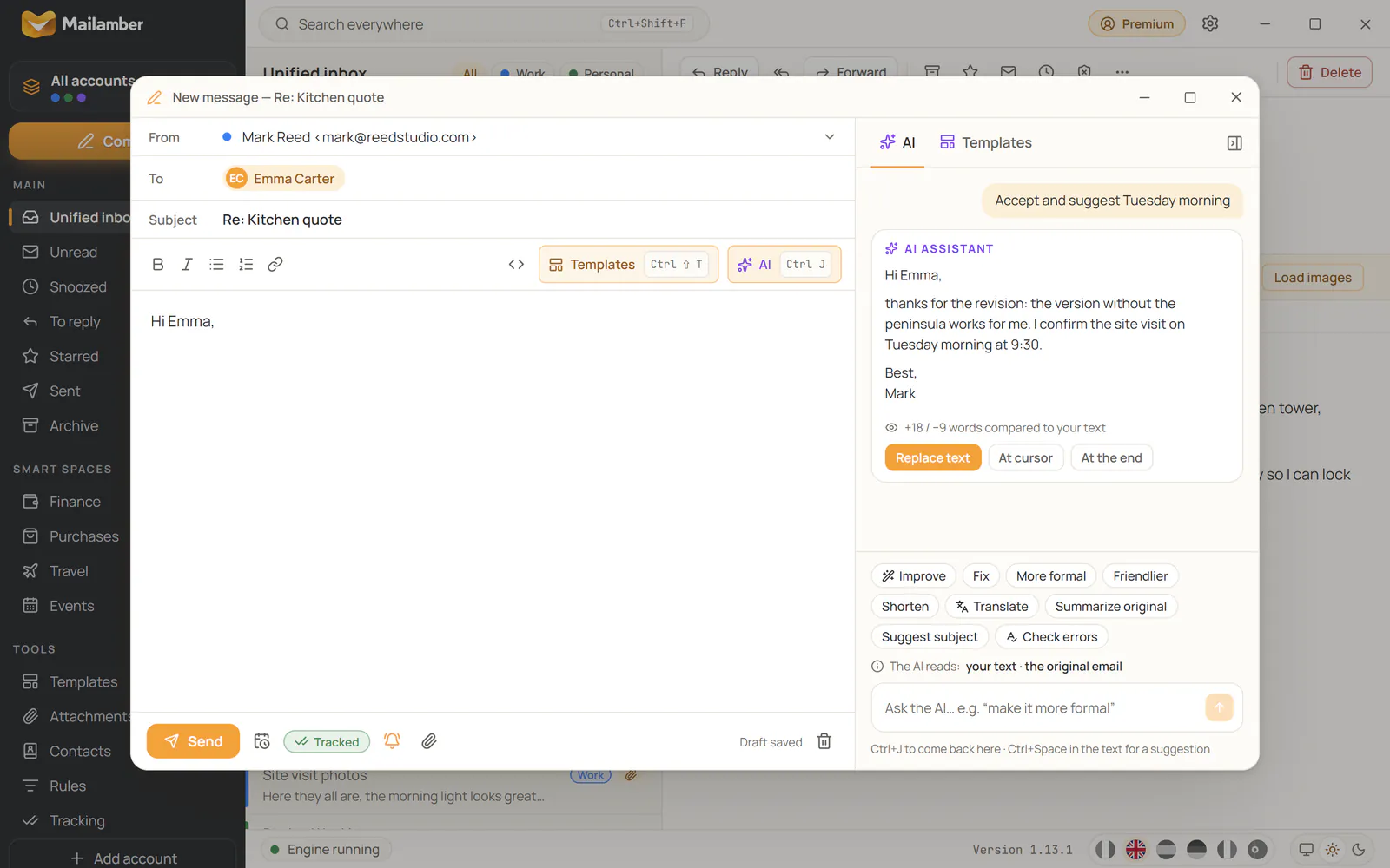 Mailamber compose window with ✓✓ tracking on and the AI copilot sidebar open