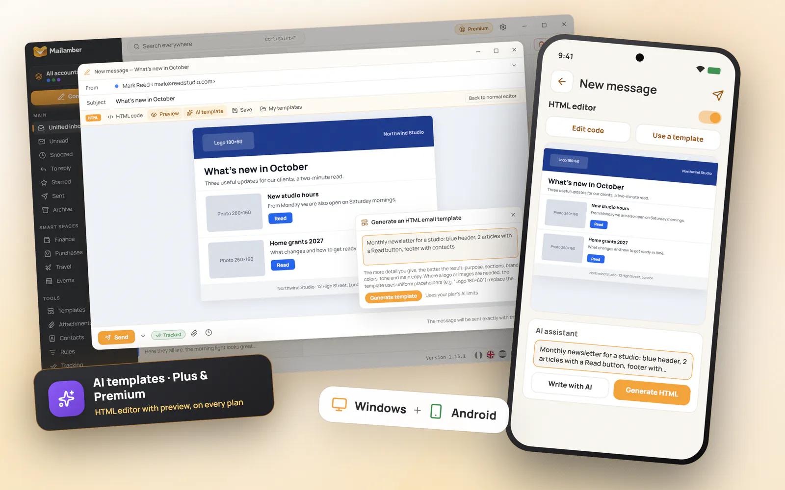 Mailamber composer in HTML mode on Windows and Android, with a newsletter preview and the AI email template generator