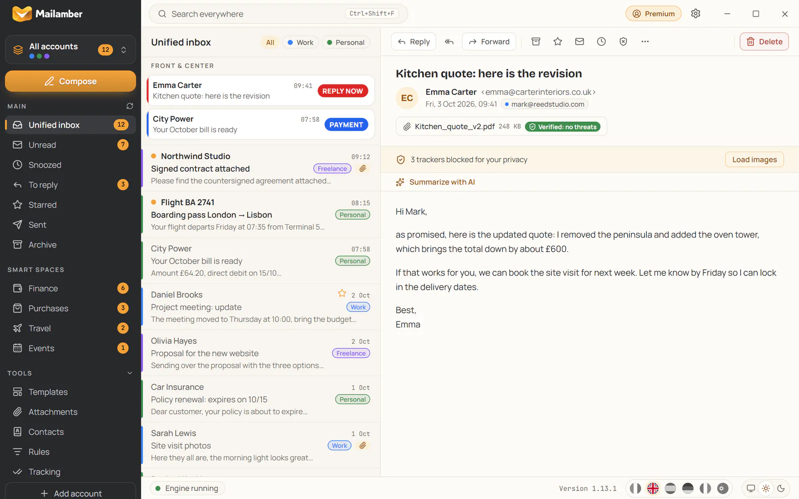 Mailamber for Windows: sidebar, unified inbox with the priority section and message reader
