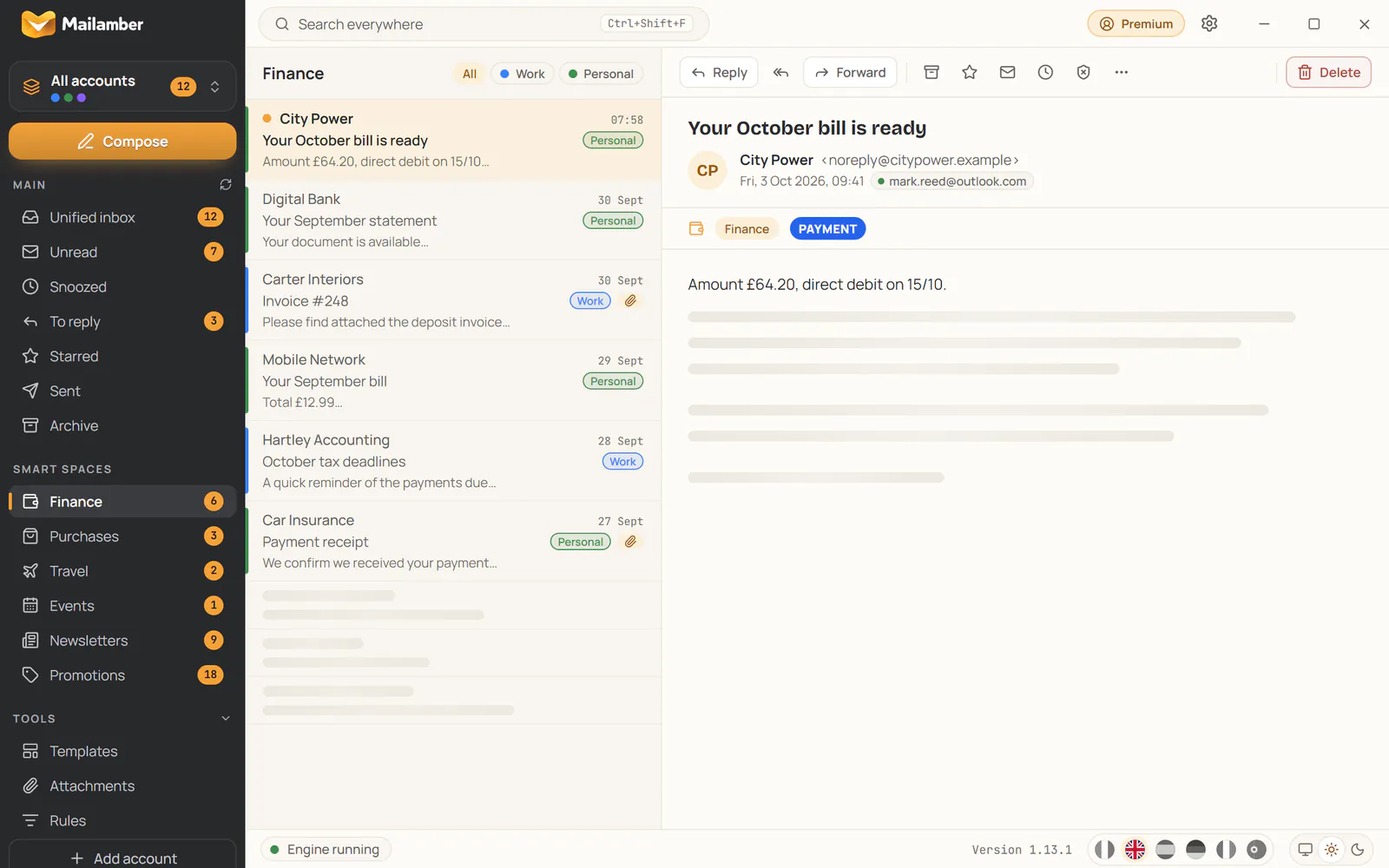 The Finance smart space with bills, invoices and statements collected automatically
