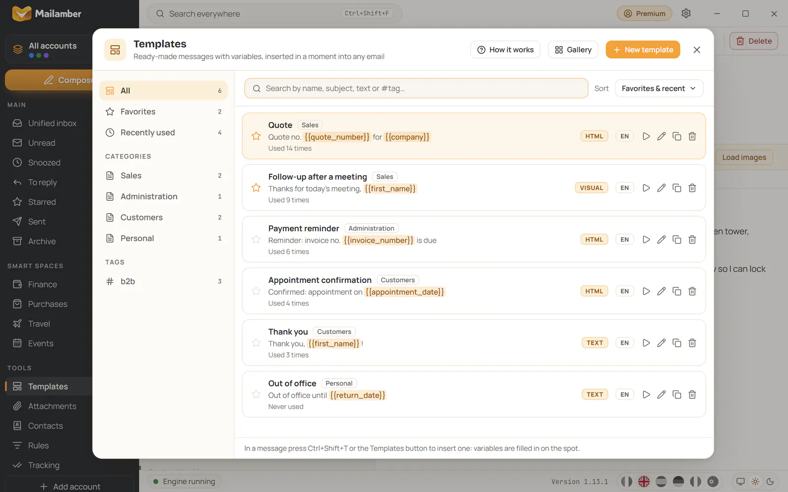 The Mailamber template library with search, favorites and categories
