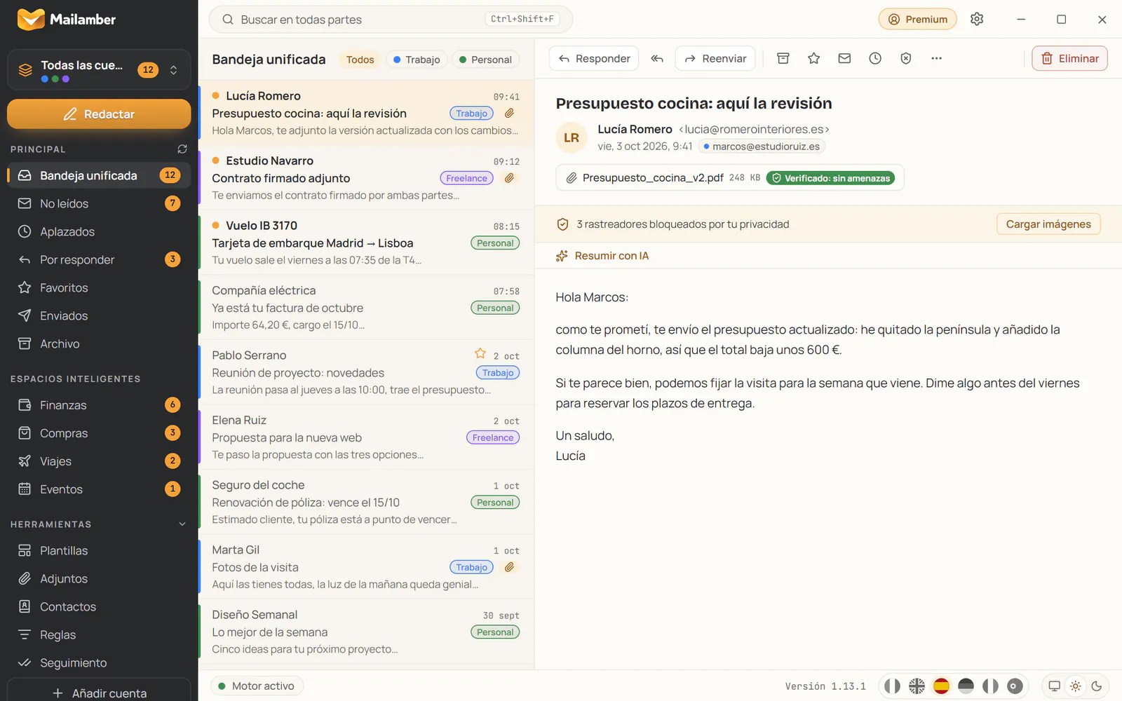 El lector de Mailamber con 3 rastreadores bloqueados y un adjunto PDF verificado