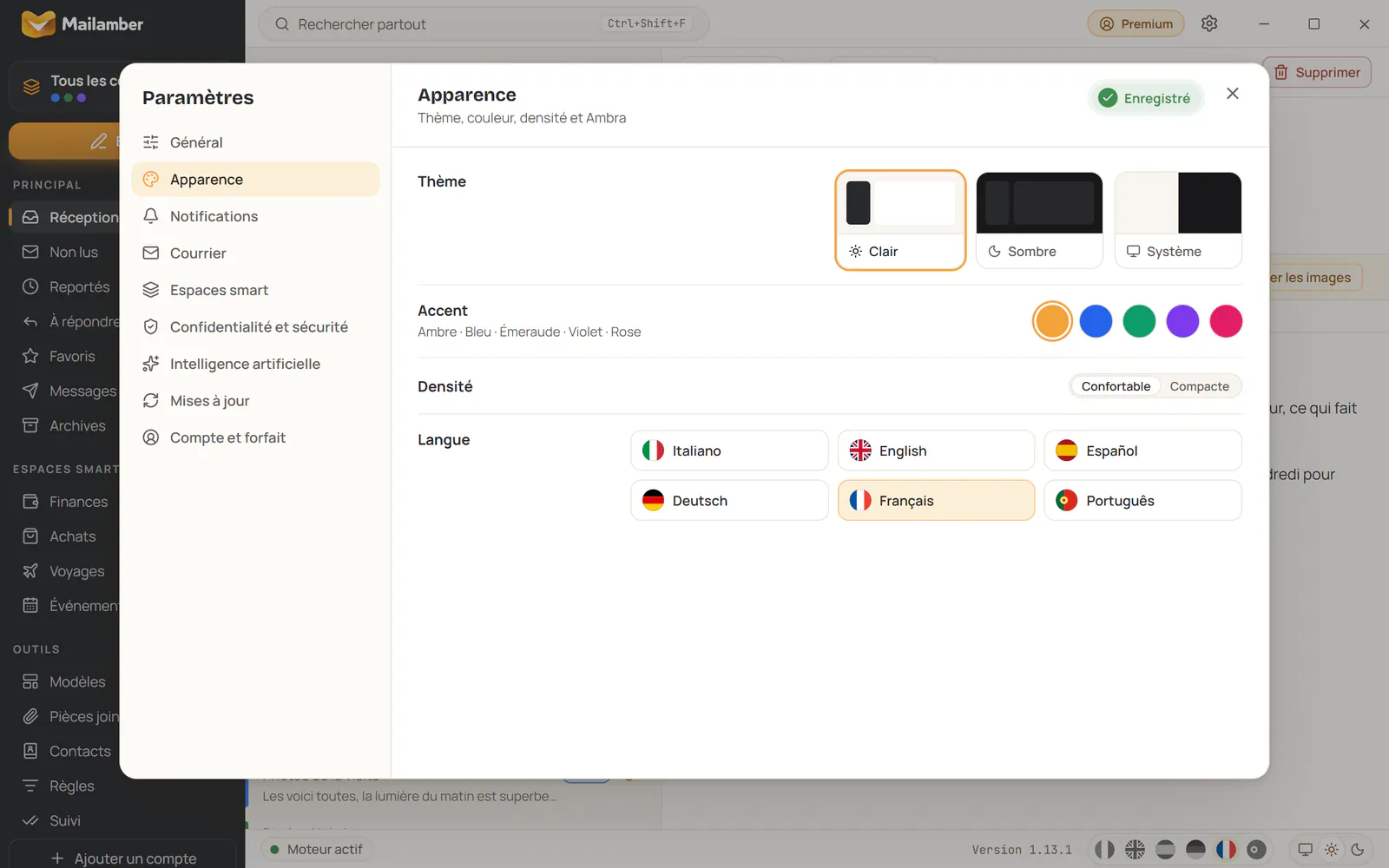 Réglages Apparence de Mailamber avec thèmes, couleurs d’accent et choix de la langue