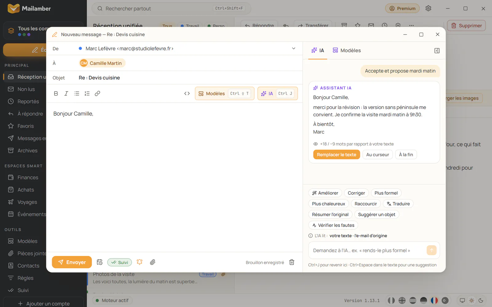 Fenêtre de rédaction de Mailamber avec le suivi ✓✓ activé et la barre latérale du copilote IA ouverte