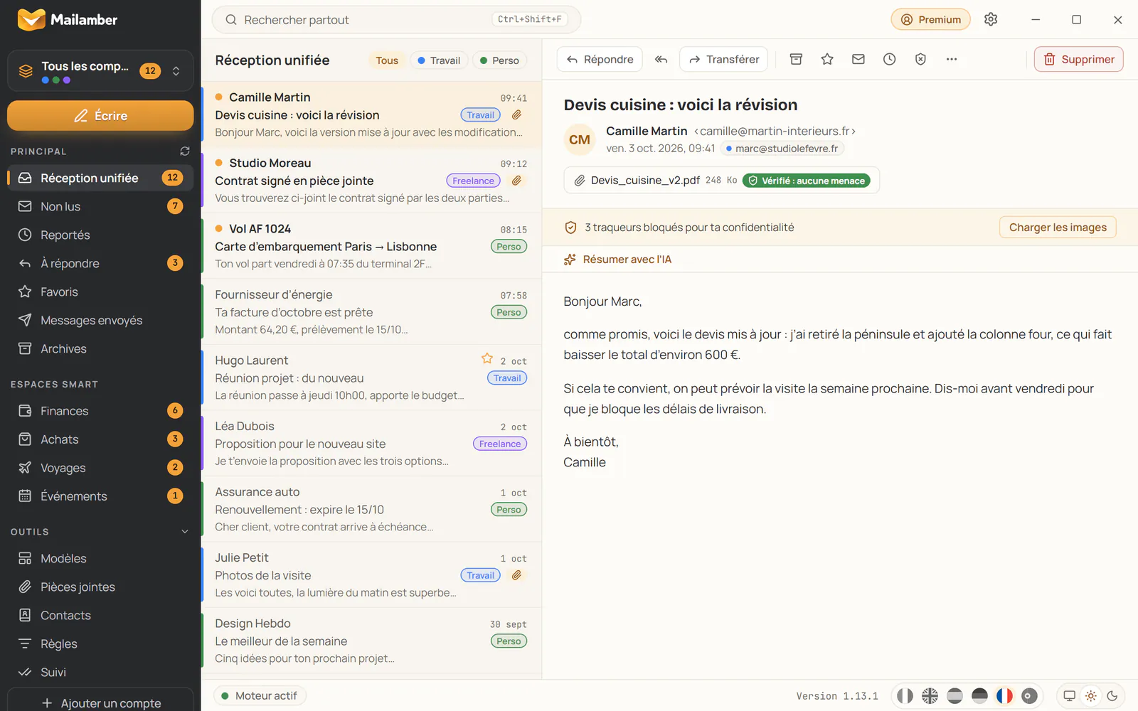La lecture de Mailamber avec 3 traceurs bloqués et une pièce jointe PDF vérifiée