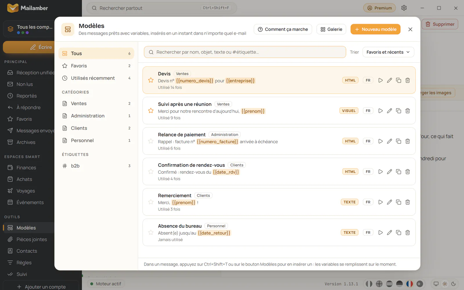 La bibliothèque de modèles de Mailamber avec recherche, favoris et catégories