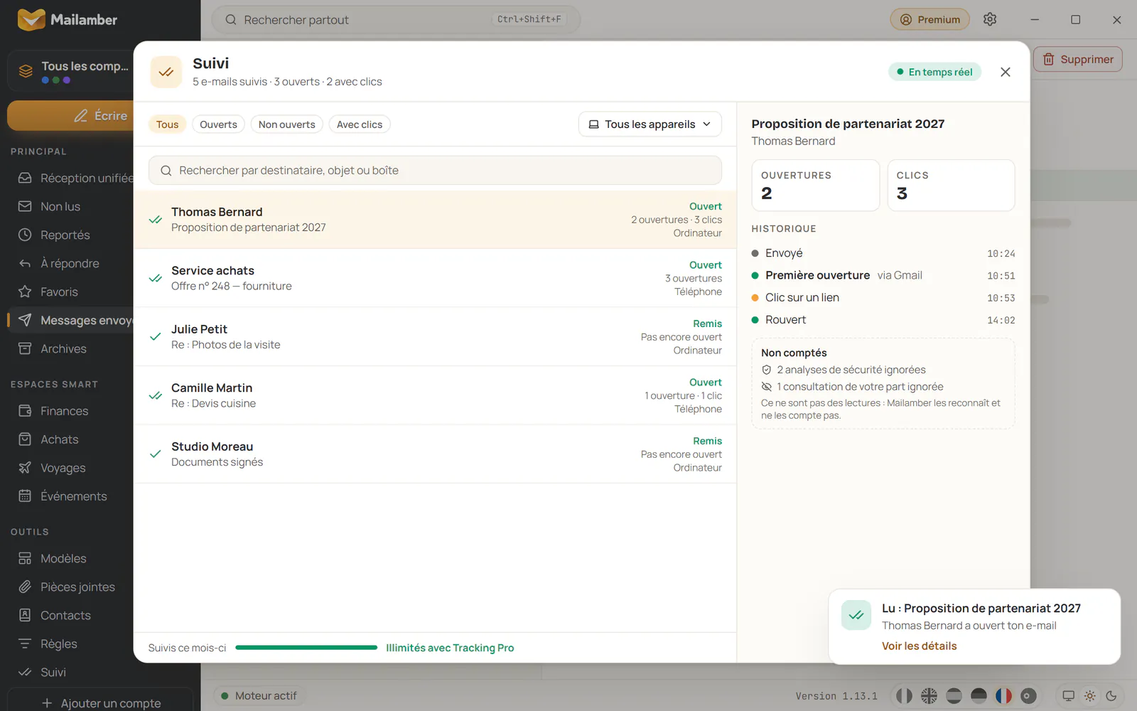 Dossier Envoyés avec accusés de remise et d’ouverture, compteur de clics et notification E-mail ouvert