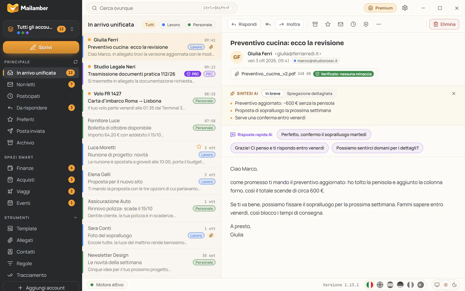 Sintesi AI e risposte rapide AI nel lettore di Mailamber