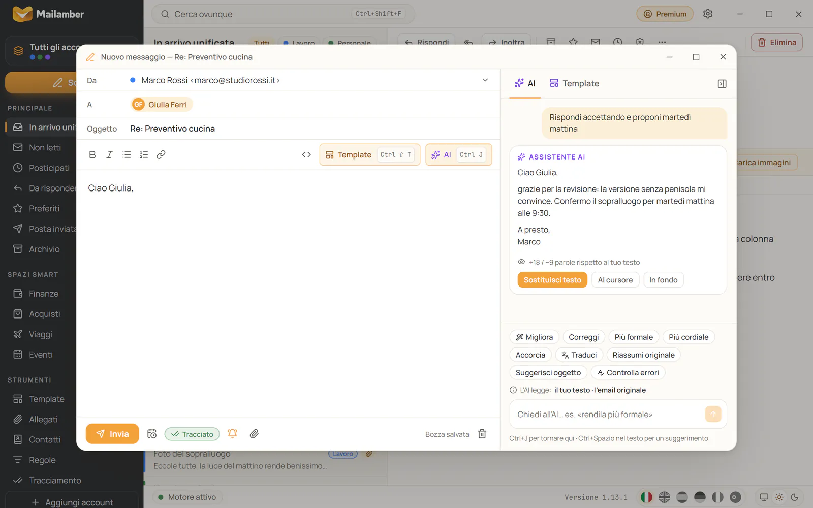 Finestra di scrittura di Mailamber con tracciamento ✓✓ attivo e la barra laterale del copilota AI aperta
