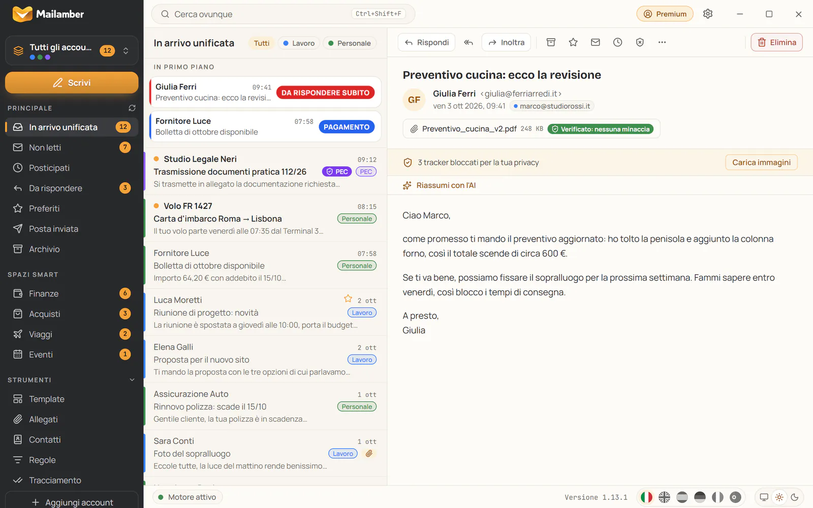 Mailamber per Windows: barra laterale, inbox unificata con sezione In primo piano e lettore messaggi