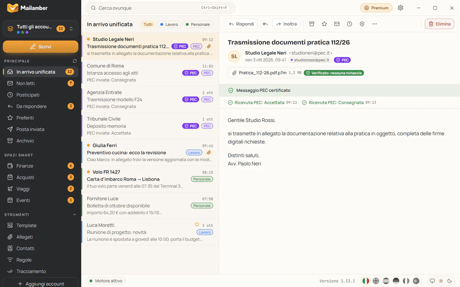 Un messaggio PEC certificato con ricevute di accettazione e consegna in Mailamber