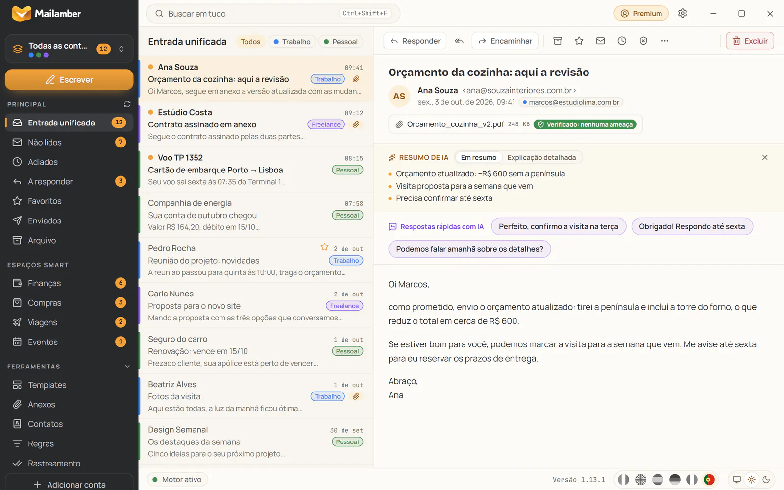 Resumo com IA e respostas rápidas com IA no leitor do Mailamber