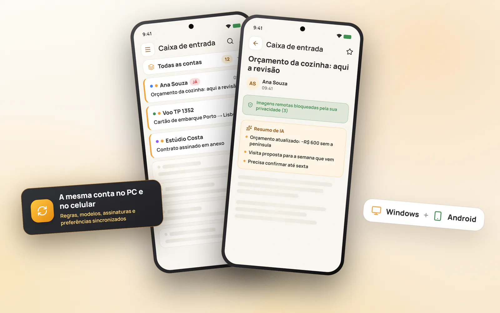 O app Mailamber para Android: entrada unificada e leitor com resumo de IA