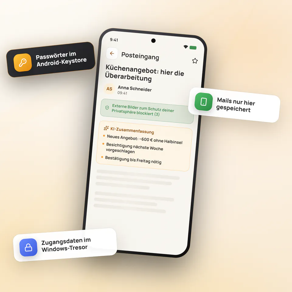 Mailamber für Android mit blockierten externen Bildern und Zugangsdaten im Android Keystore und im Windows-Tresor