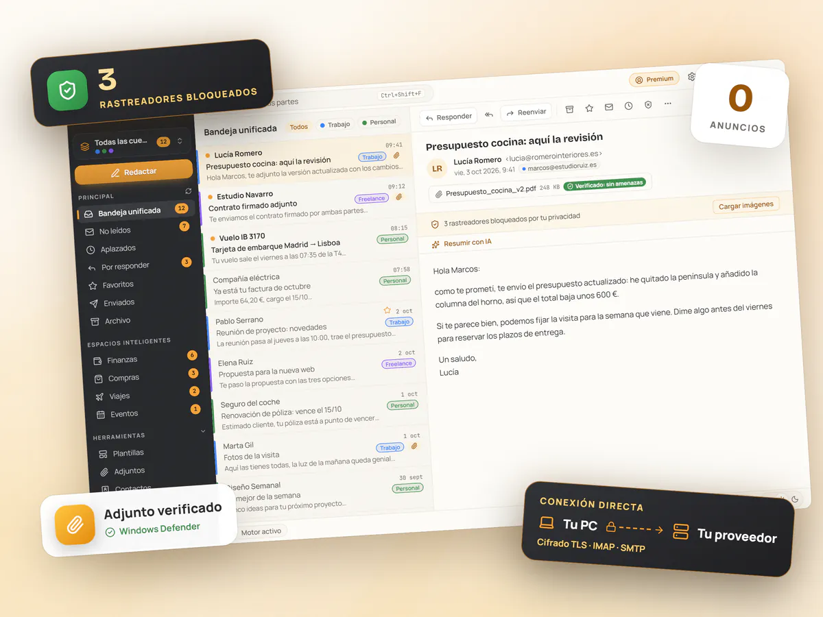 Mailamber para Windows inclinado con 3 rastreadores bloqueados, 0 anuncios, un adjunto verificado y conexión TLS directa entre el PC y el proveedor