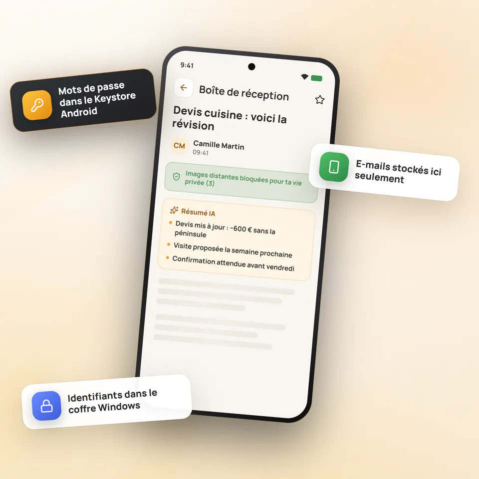 Mailamber pour Android avec images distantes bloquées et identifiants conservés dans le Keystore Android et le coffre Windows