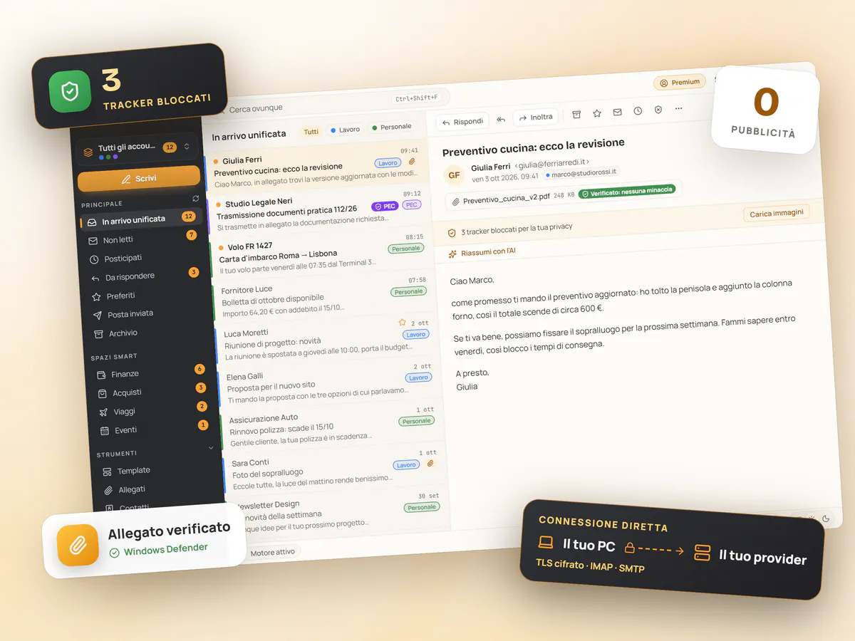 Mailamber per Windows inclinato con 3 tracker bloccati, 0 pubblicità, allegato verificato e connessione diretta TLS tra PC e provider